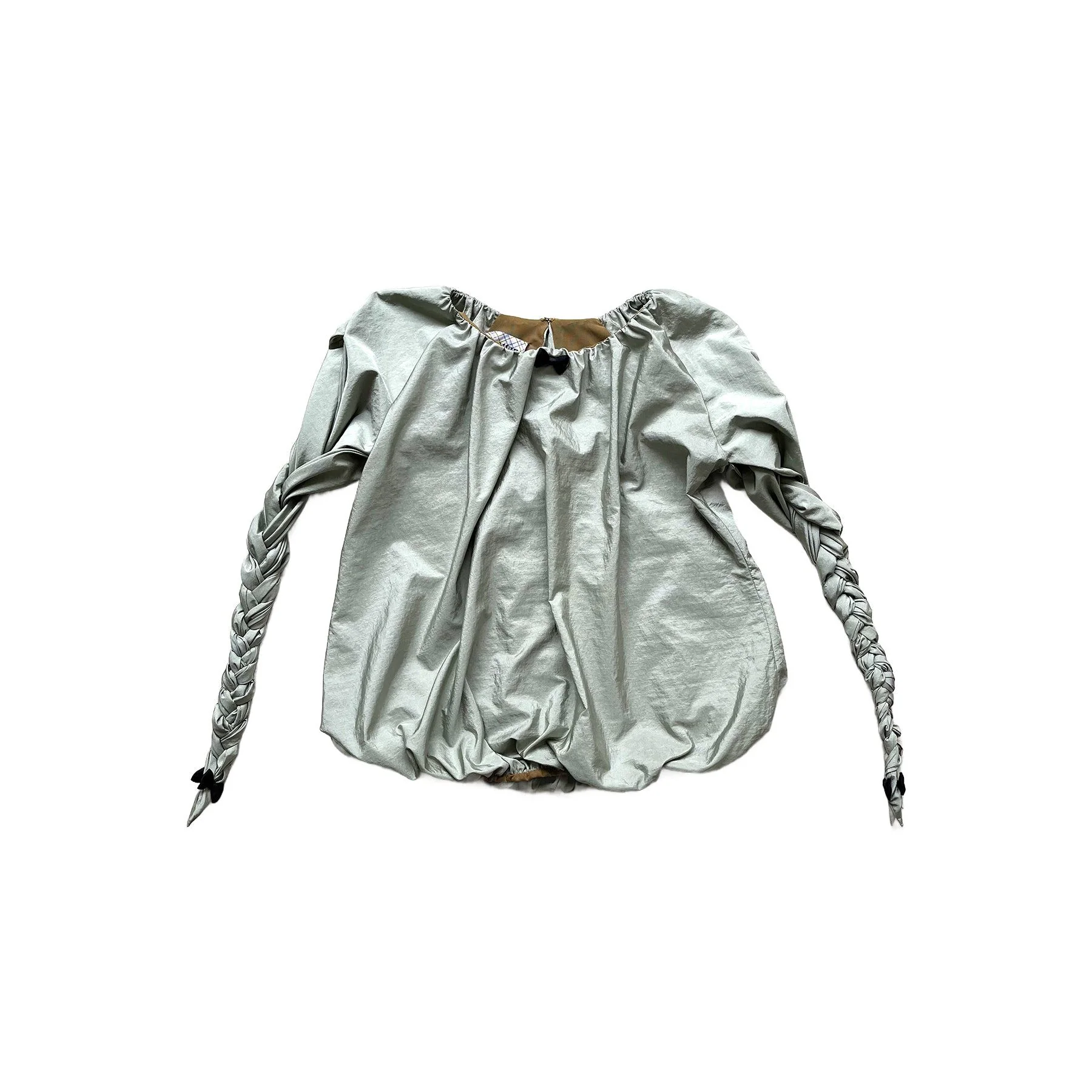 Balloon Braided Blouse with Bow Glossy Jade - Image 7