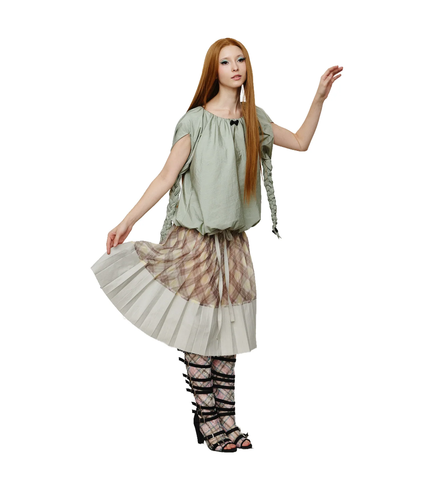 Patchwork Organza Pleated Midi Skirt Gray Porcelain - Image 2