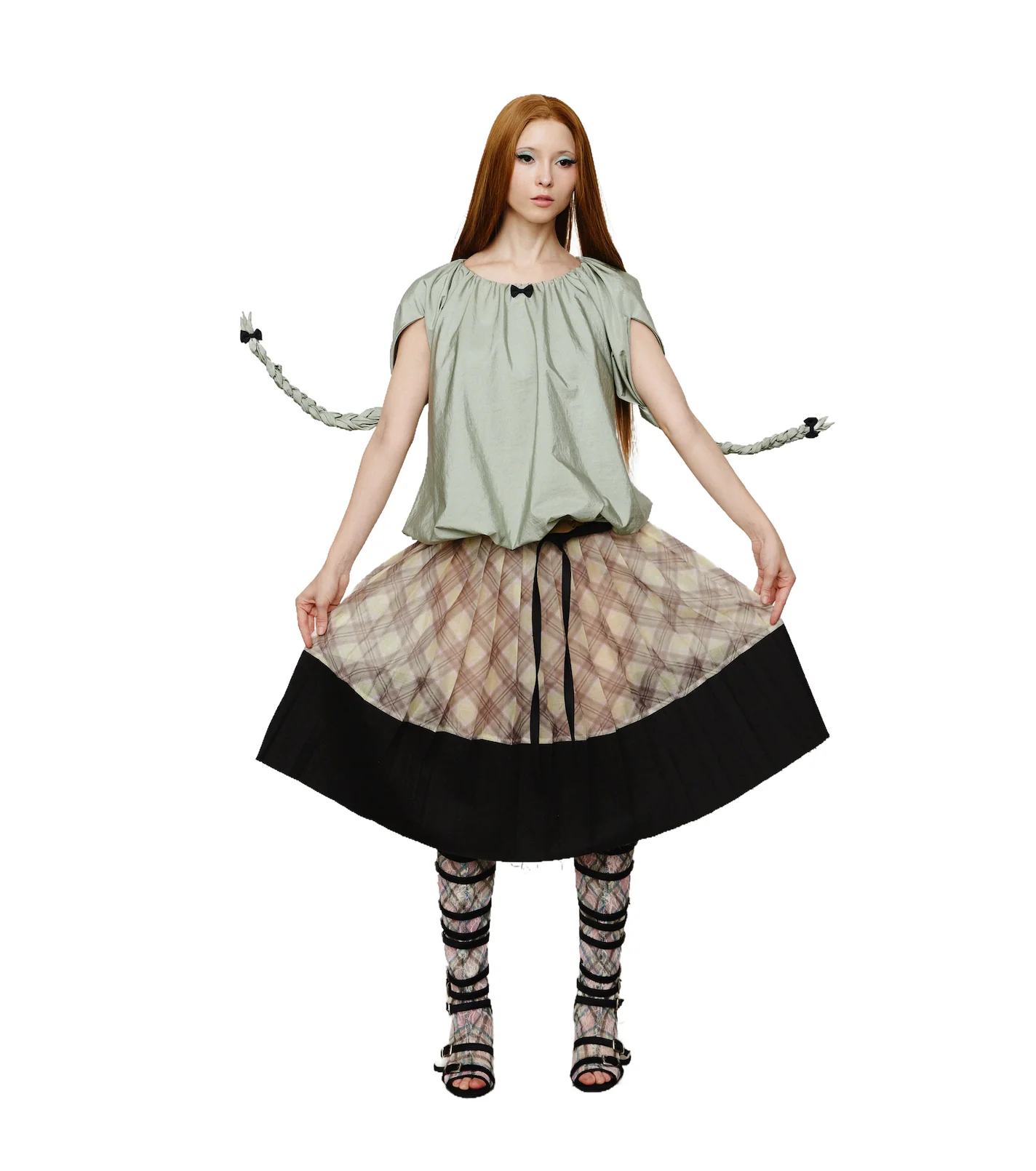 Patchwork Organza Pleated Midi Skirt Black Porcelain