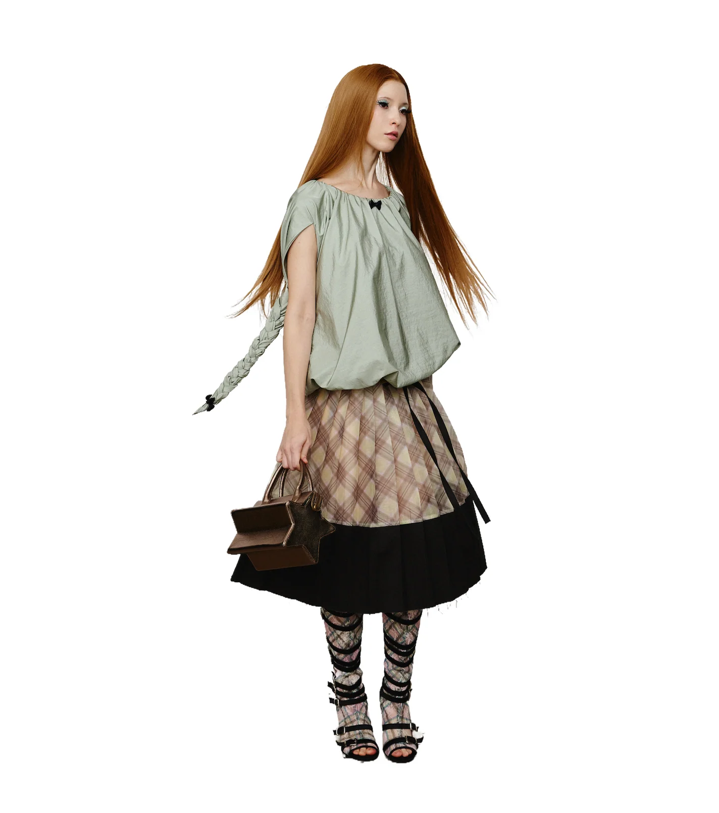 Patchwork Organza Pleated Midi Skirt Black Porcelain - Image 14