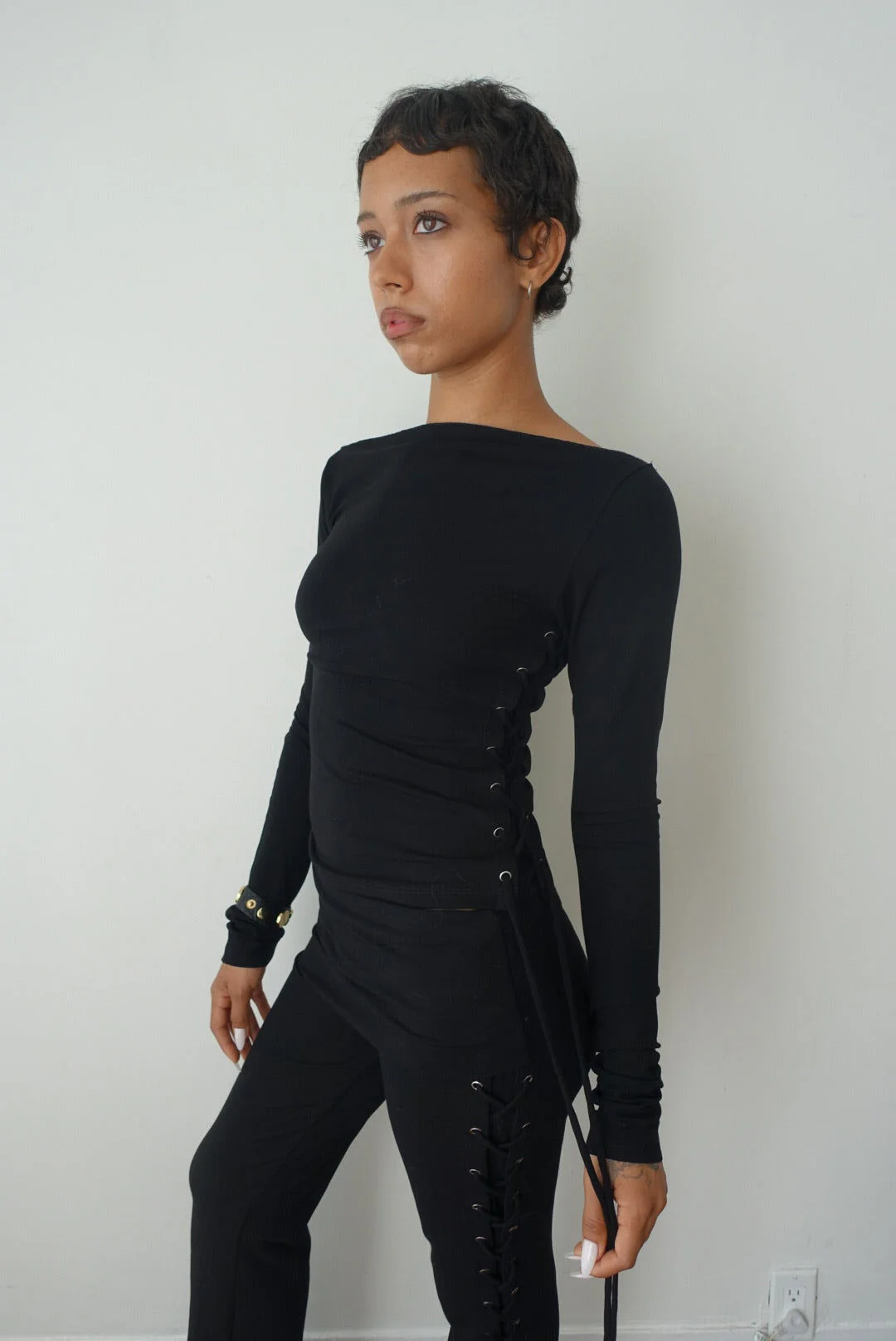 Thalia Lace Up Long Sleeve Top in Midnight - Image 2