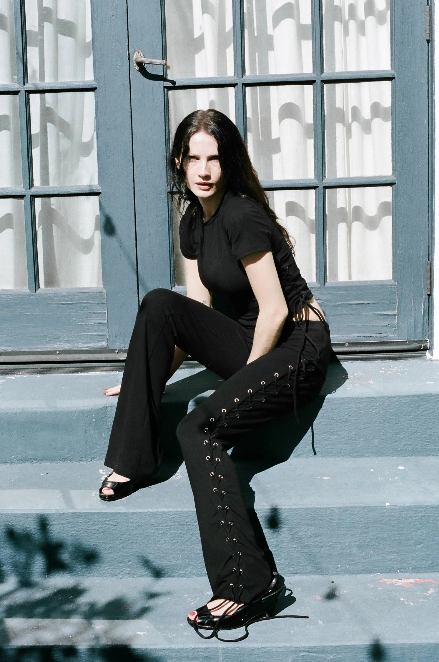 Thalia Lace Up Short Sleeve Top in Midnight - Image 4